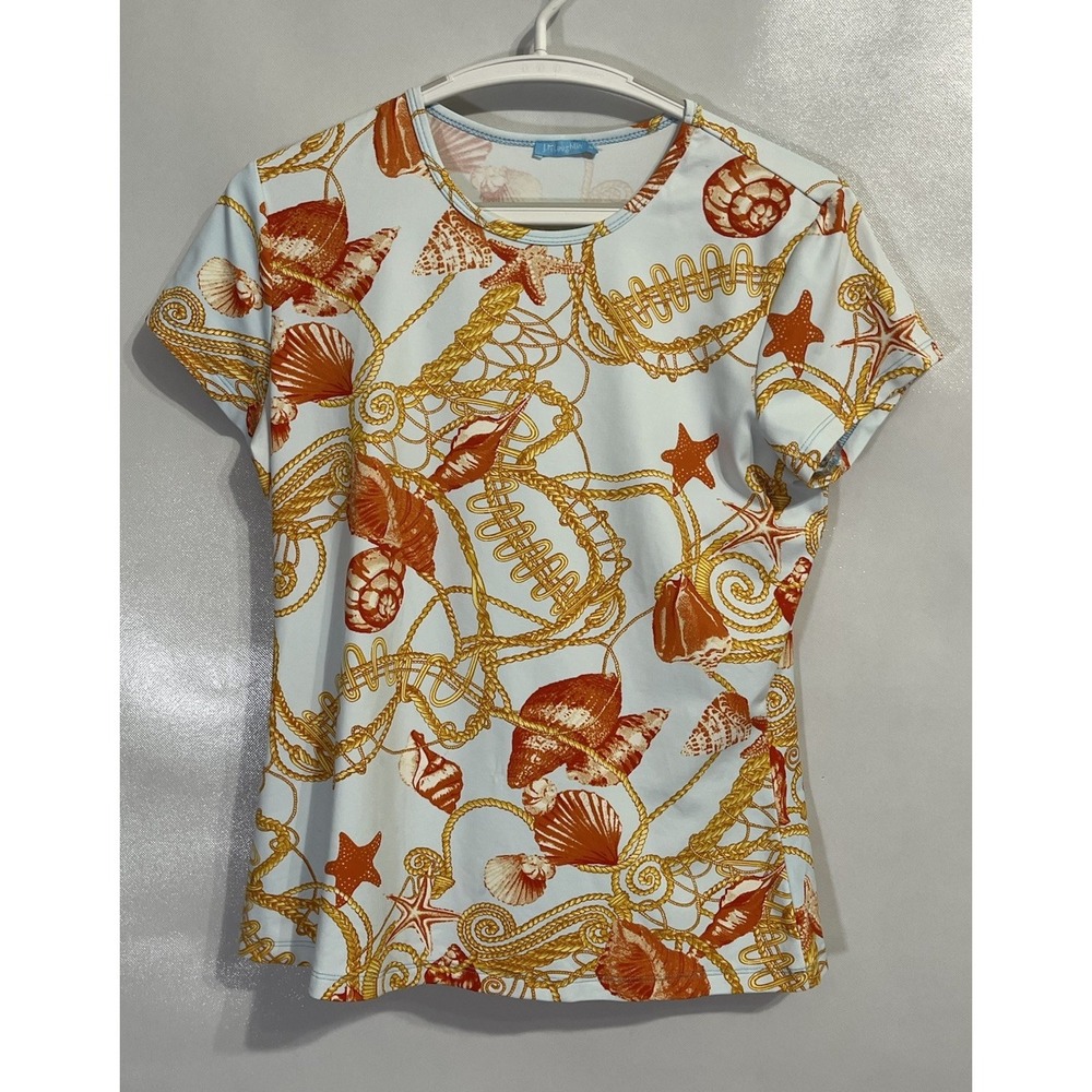 J. McLaughlin Medium Top Seashells Equestrian Print Light Blue Short Sleeve